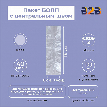 Пакет БОПП с центральным швом 8см(+4см)*18см, 40мкм